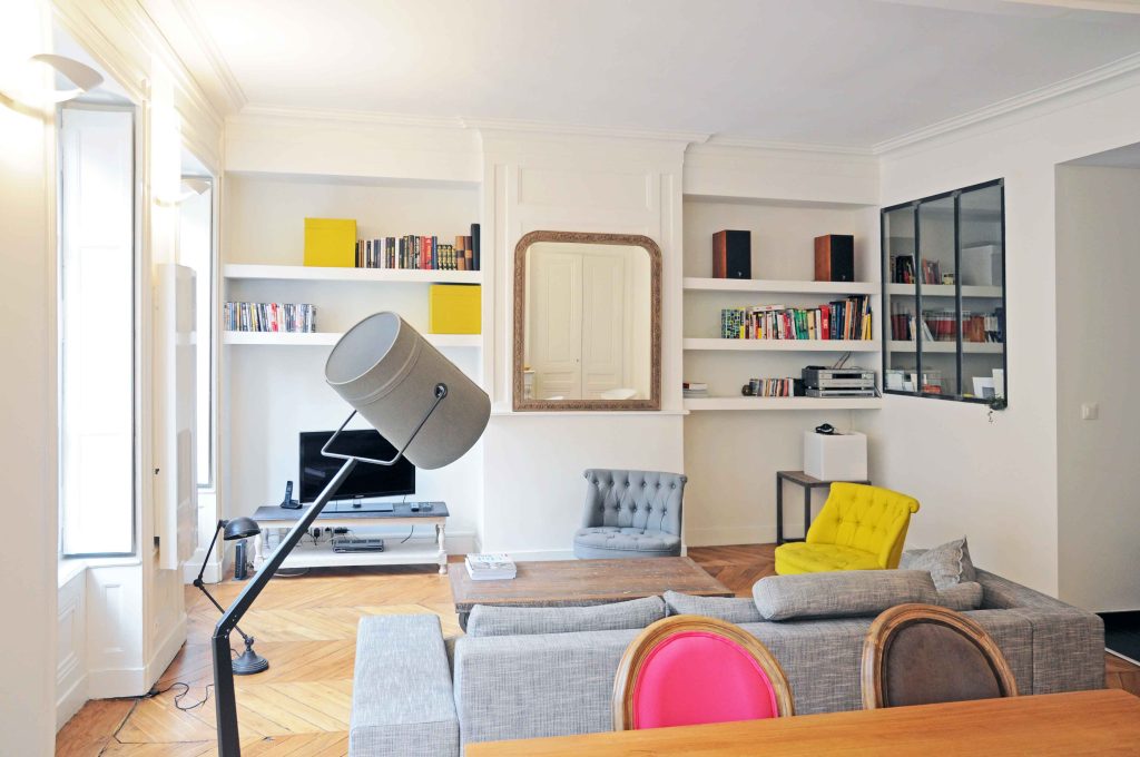 Rénovation d'appartement haussmannien de 100m² à Lyon ; vue salon - PK intérieur, architecte d'intérieur
