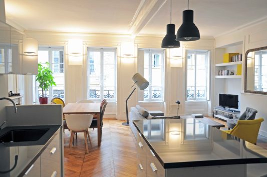 Rénovation d'appartement haussmannien de 100m² à Lyon ; vue cuisine séjour salon - PK intérieur, architecte d'intérieur