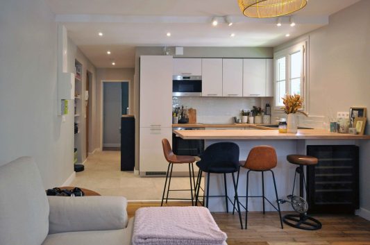 Rénovation et transformation d'appartement de 42m² à Lyon ; vue salon, cuisine et entrée - PK intérieur, architecte d'intérieur